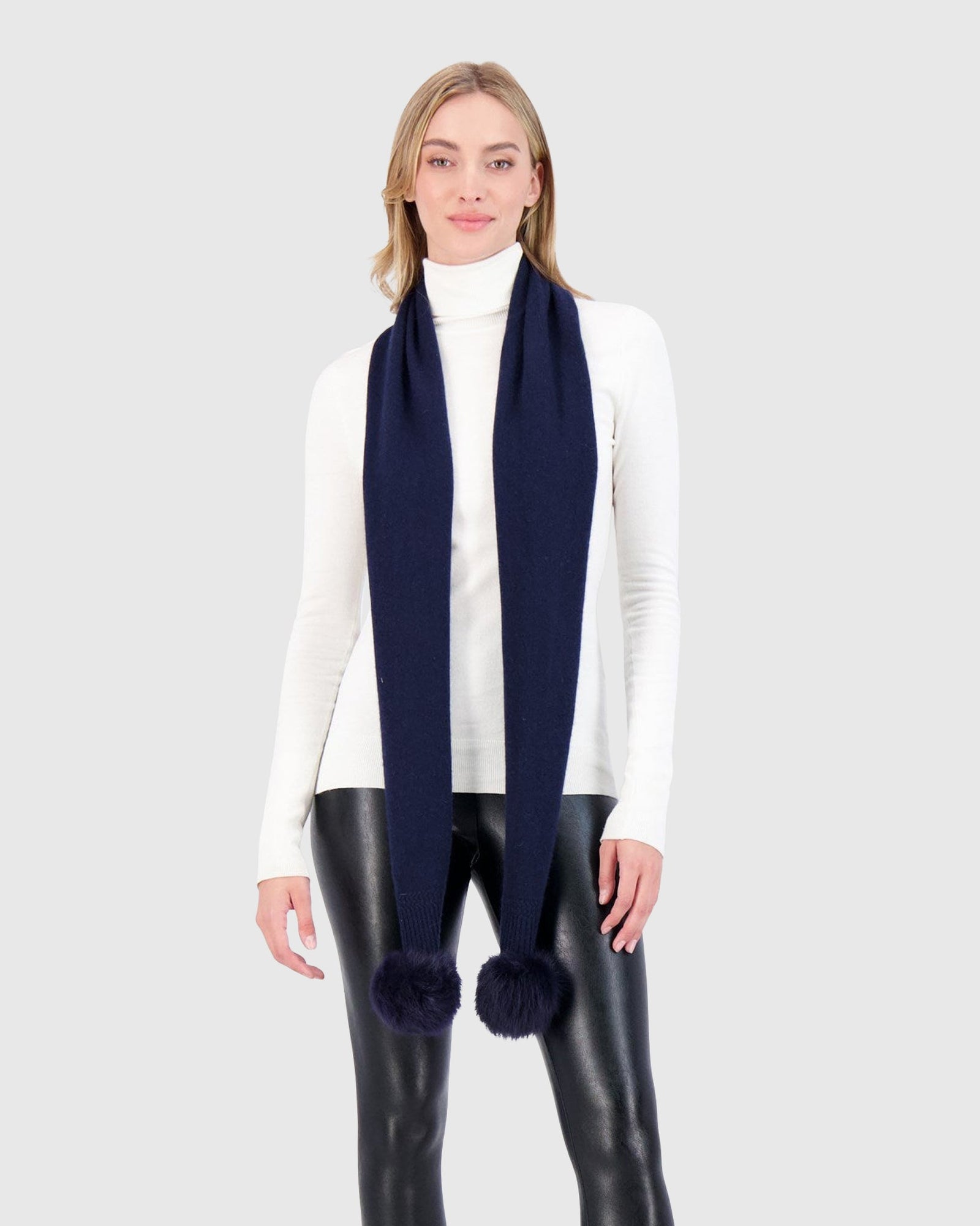 Select Knit Cashmere Scarf with Toscana Shearling Lamb Pompom | Navy