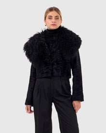 Select Lamb Bolero With Floral Embroidery | Black/Black