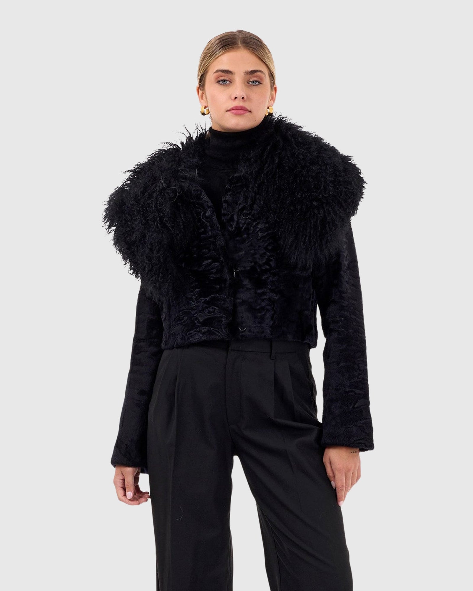 Select Lamb Bolero With Floral Embroidery | Black/Black