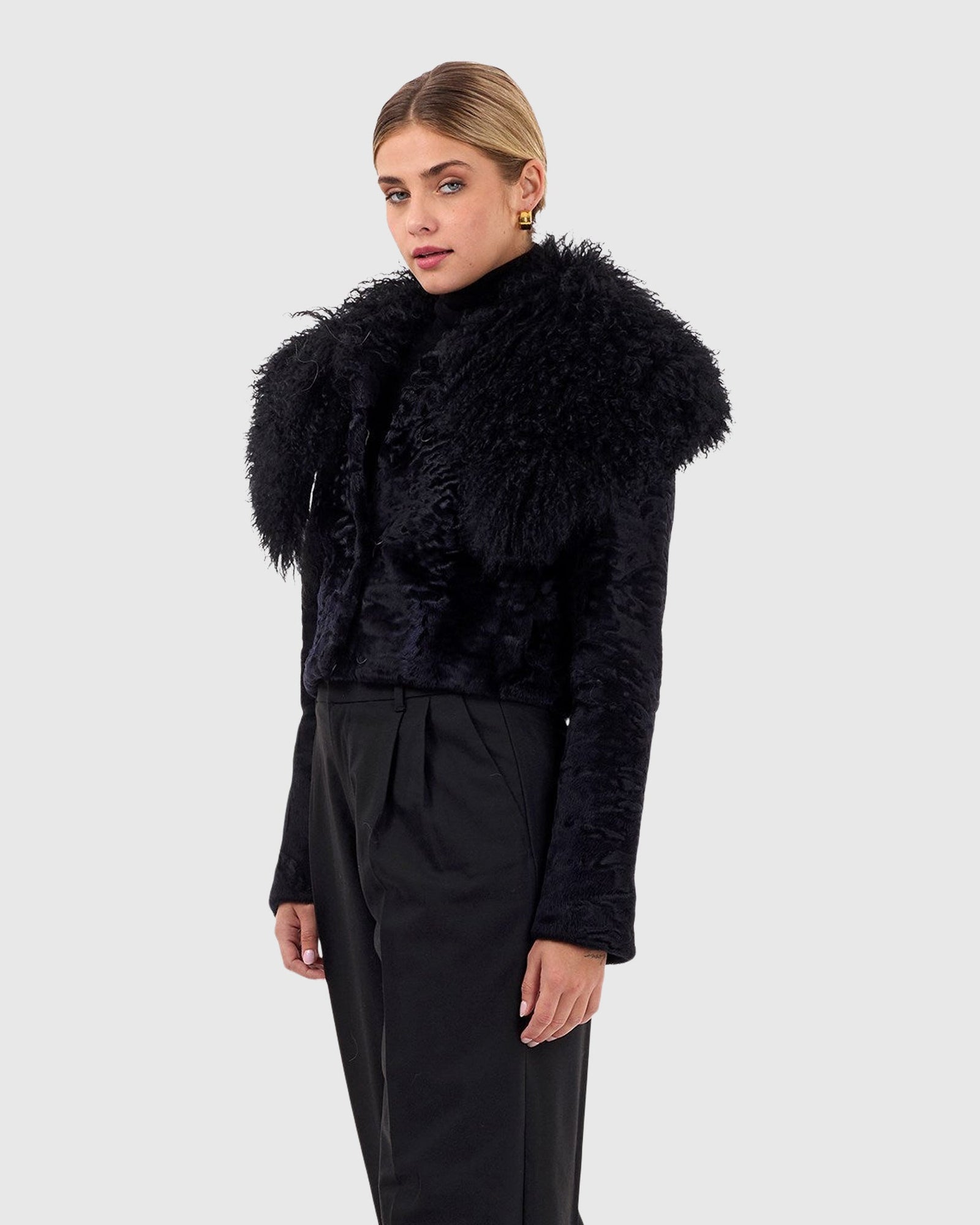 Select Lamb Bolero With Floral Embroidery | Black/Black