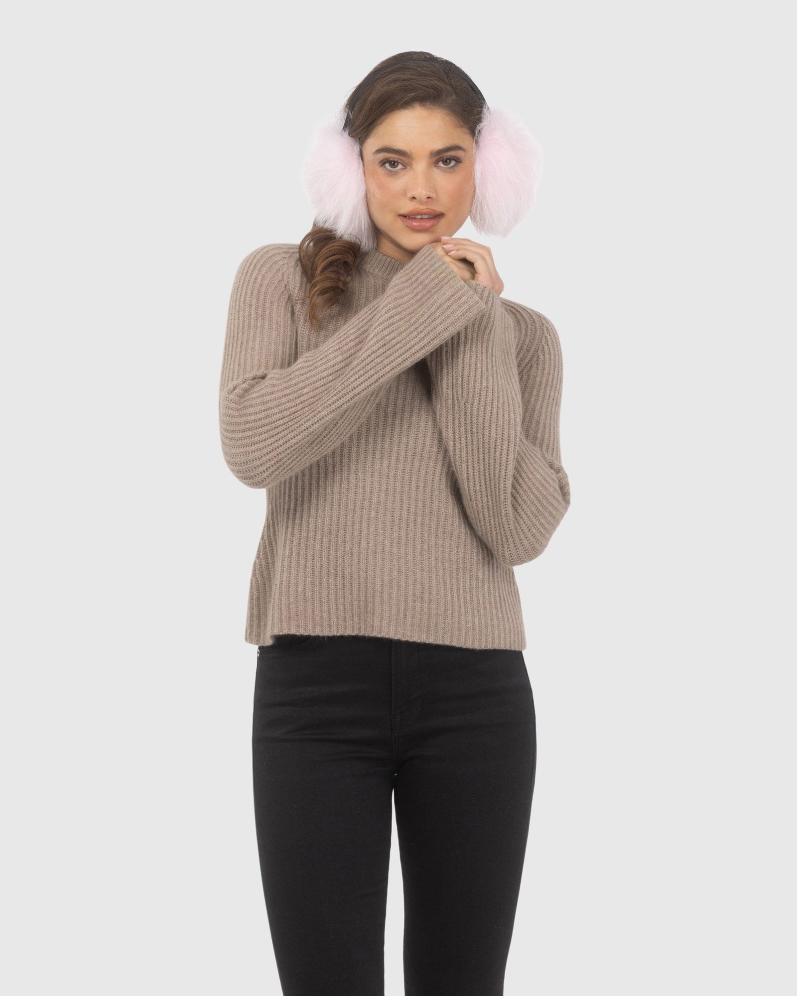 Select Cashmere Goat Earmuffs with Leather Frame | Pink