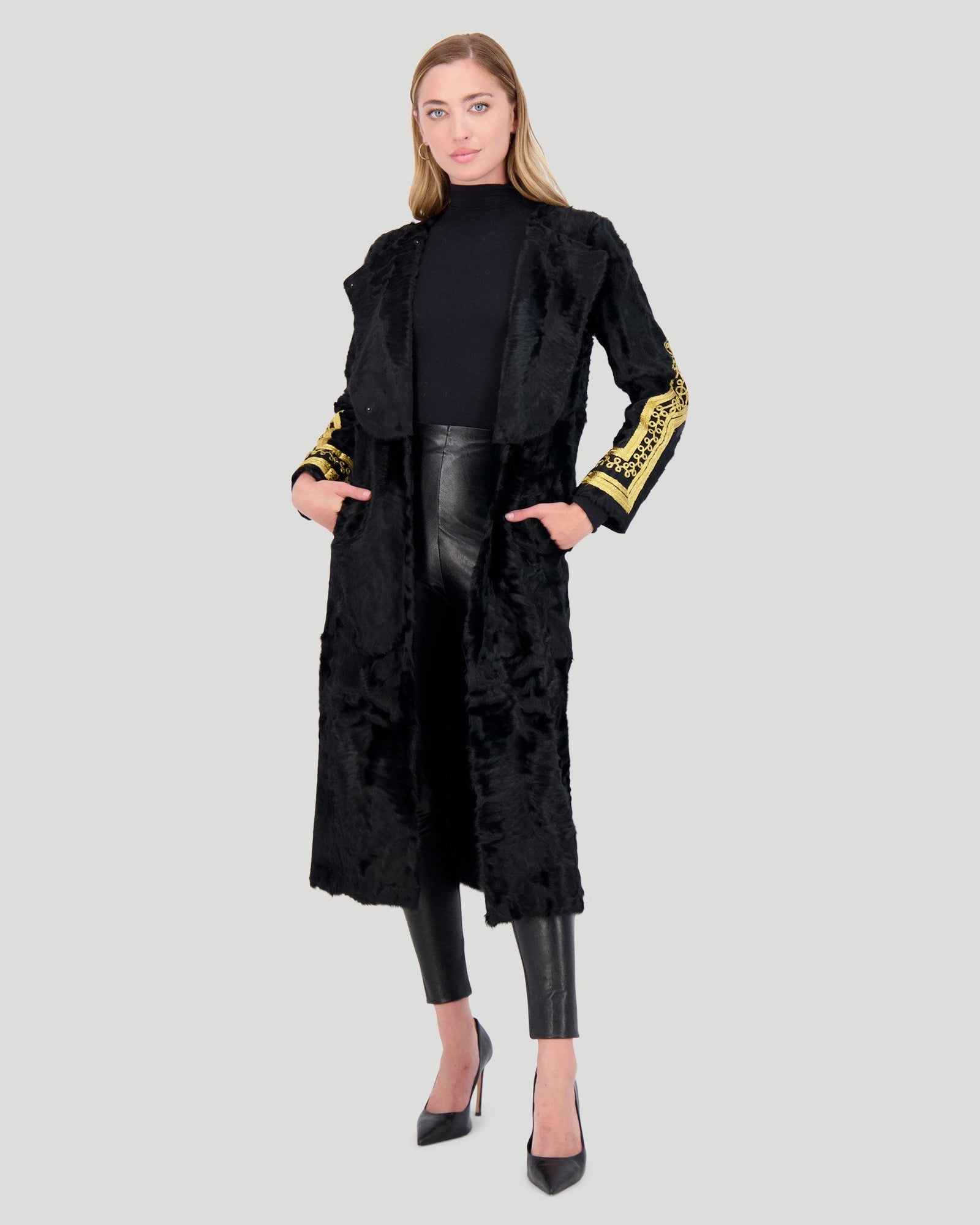 Select Lamb Short Coat With Embroidery | Black/Gold