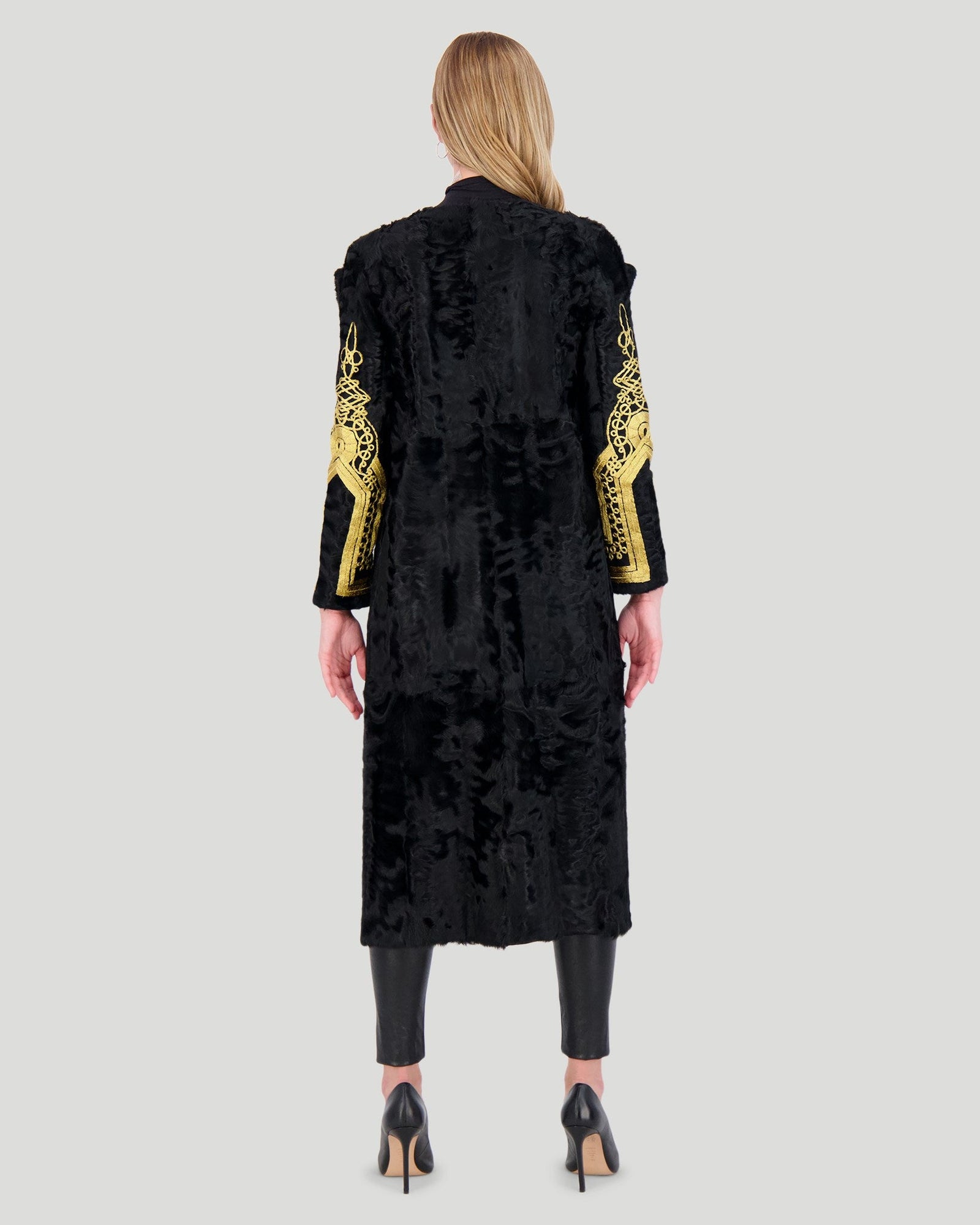 Select Lamb Short Coat With Embroidery | Black/Gold