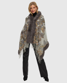 Double Face Cashmere Stole with Toscana Lamb Trim | Gray Paisley/Animal Print