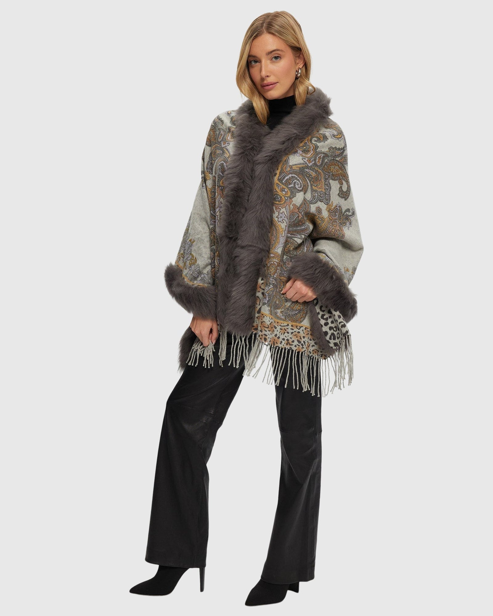 Double Face Cashmere Stole with Toscana Lamb Trim | Gray Paisley/Animal Print