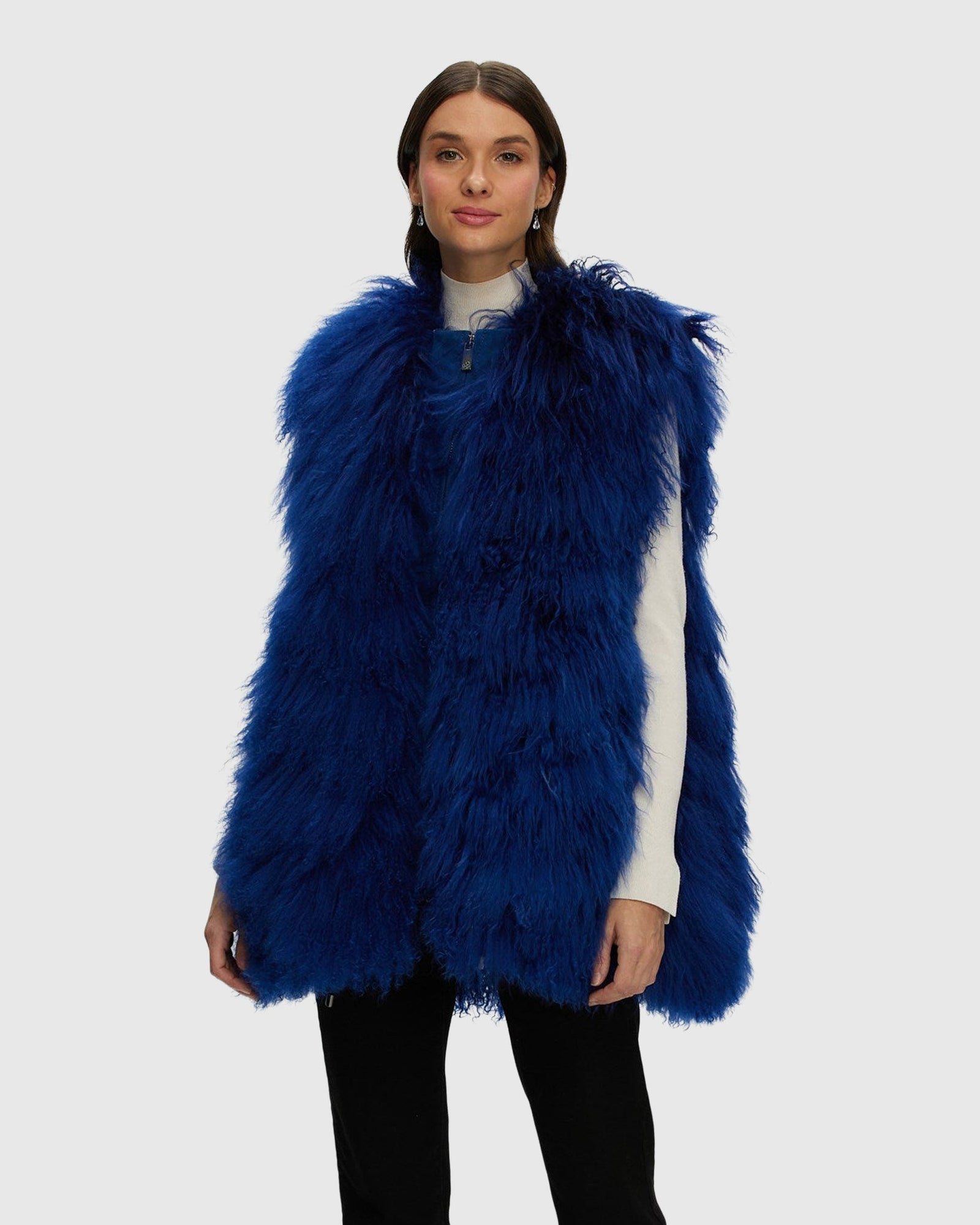 Select Mongolian Goat Zip Vest | Royal Blue