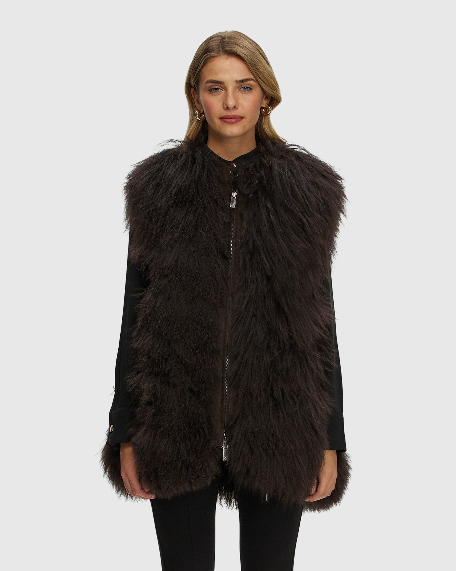 Select Mongolian Goat Zip Vest | Brown