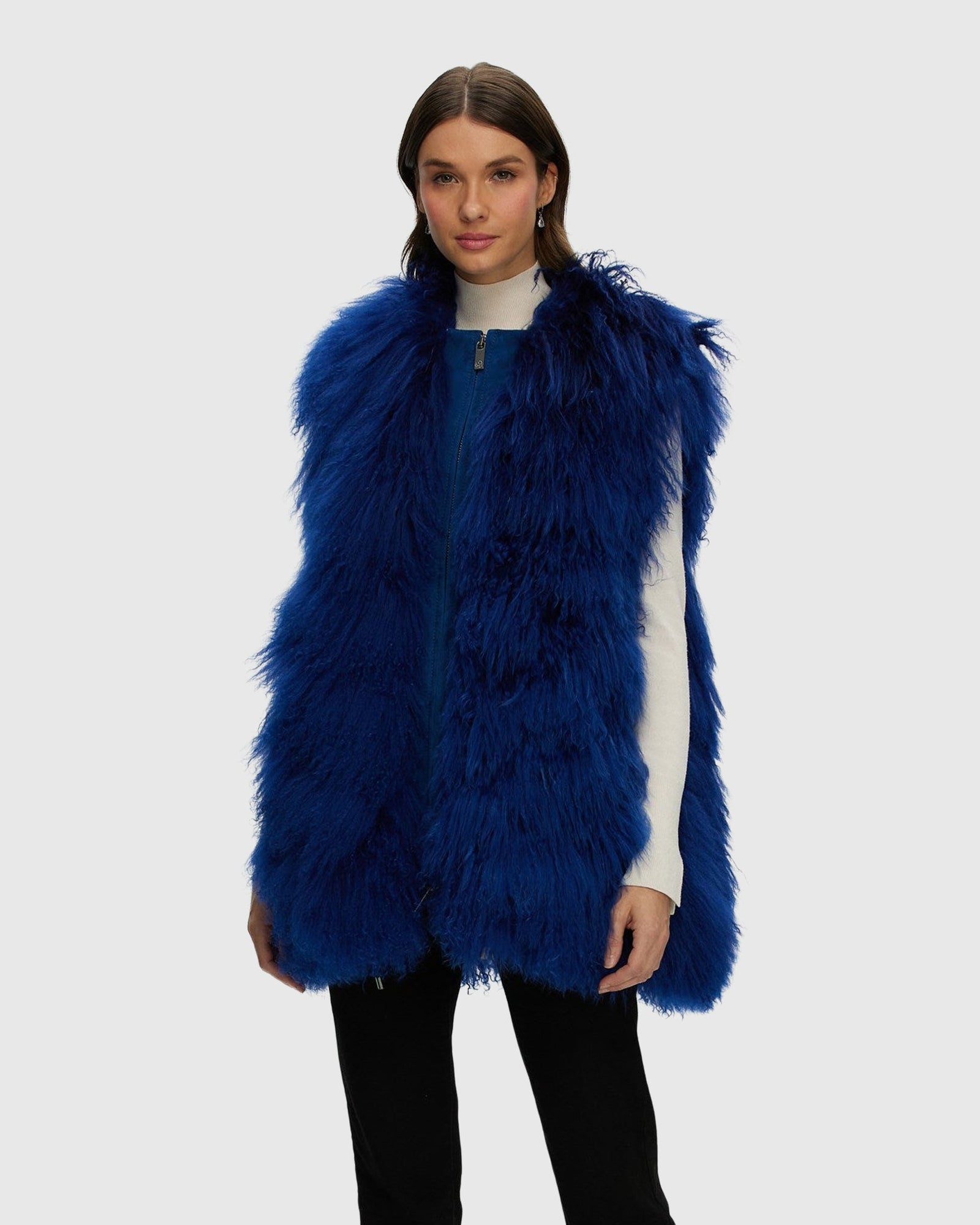 Select Mongolian Goat Zip Vest | Royal Blue