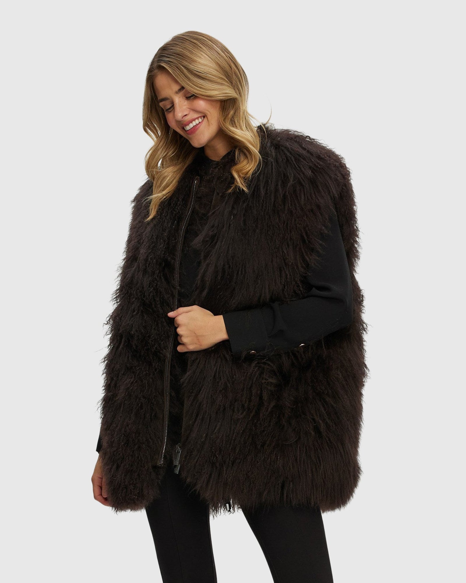 Select Mongolian Goat Zip Vest | Brown