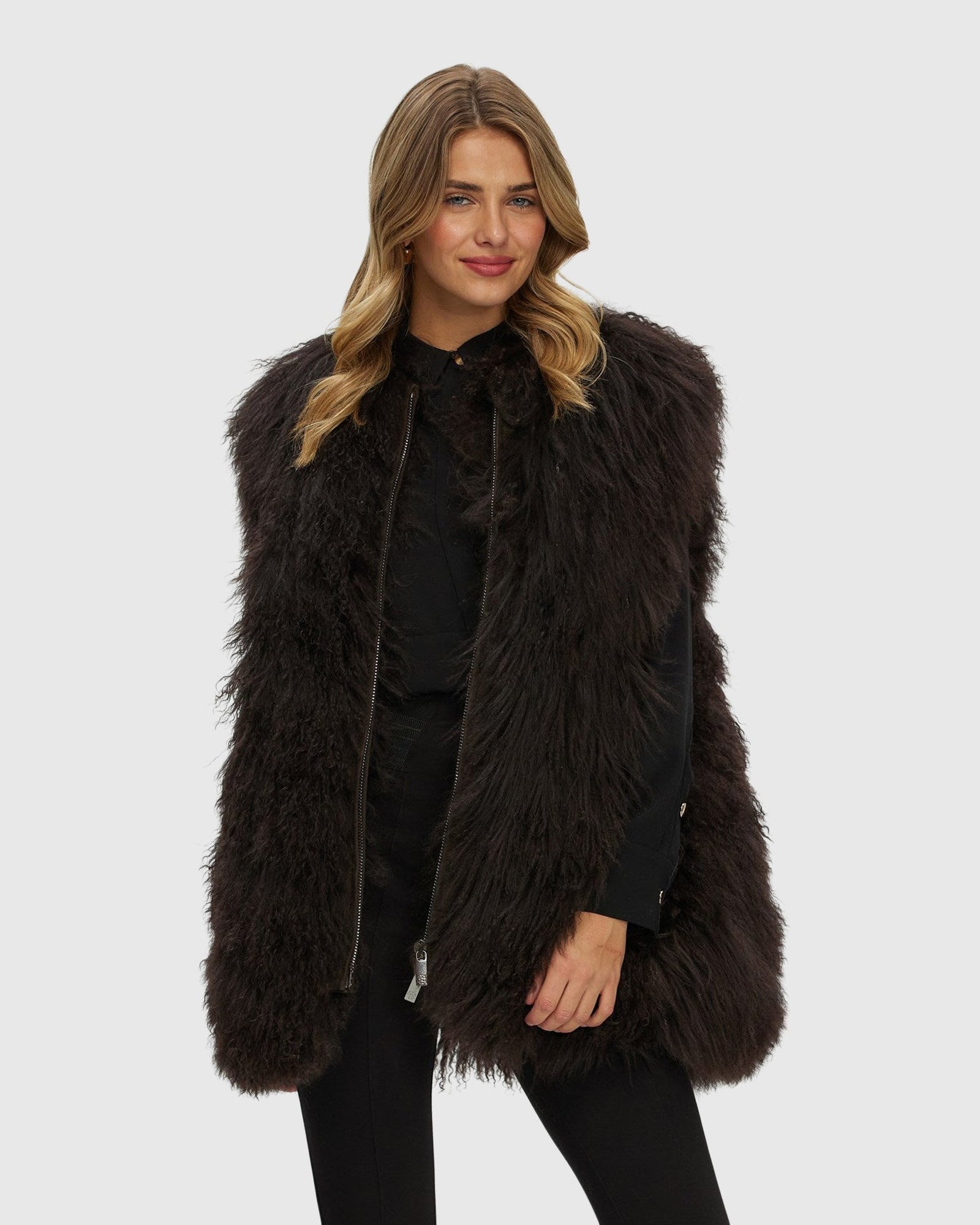 Select Mongolian Goat Zip Vest | Brown