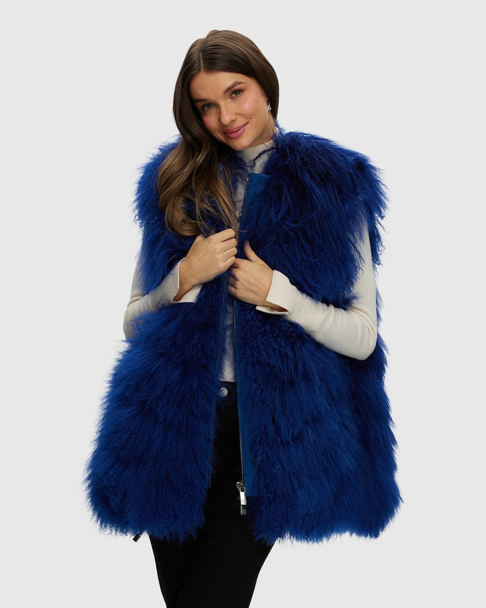Select Mongolian Goat Zip Vest | Royal Blue