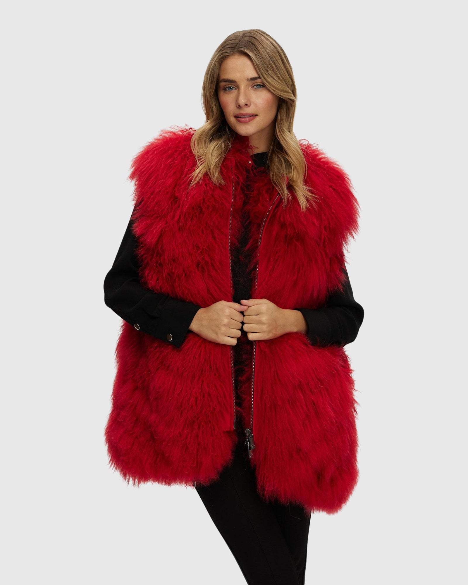 Select Mongolian Goat Zip Vest | Red