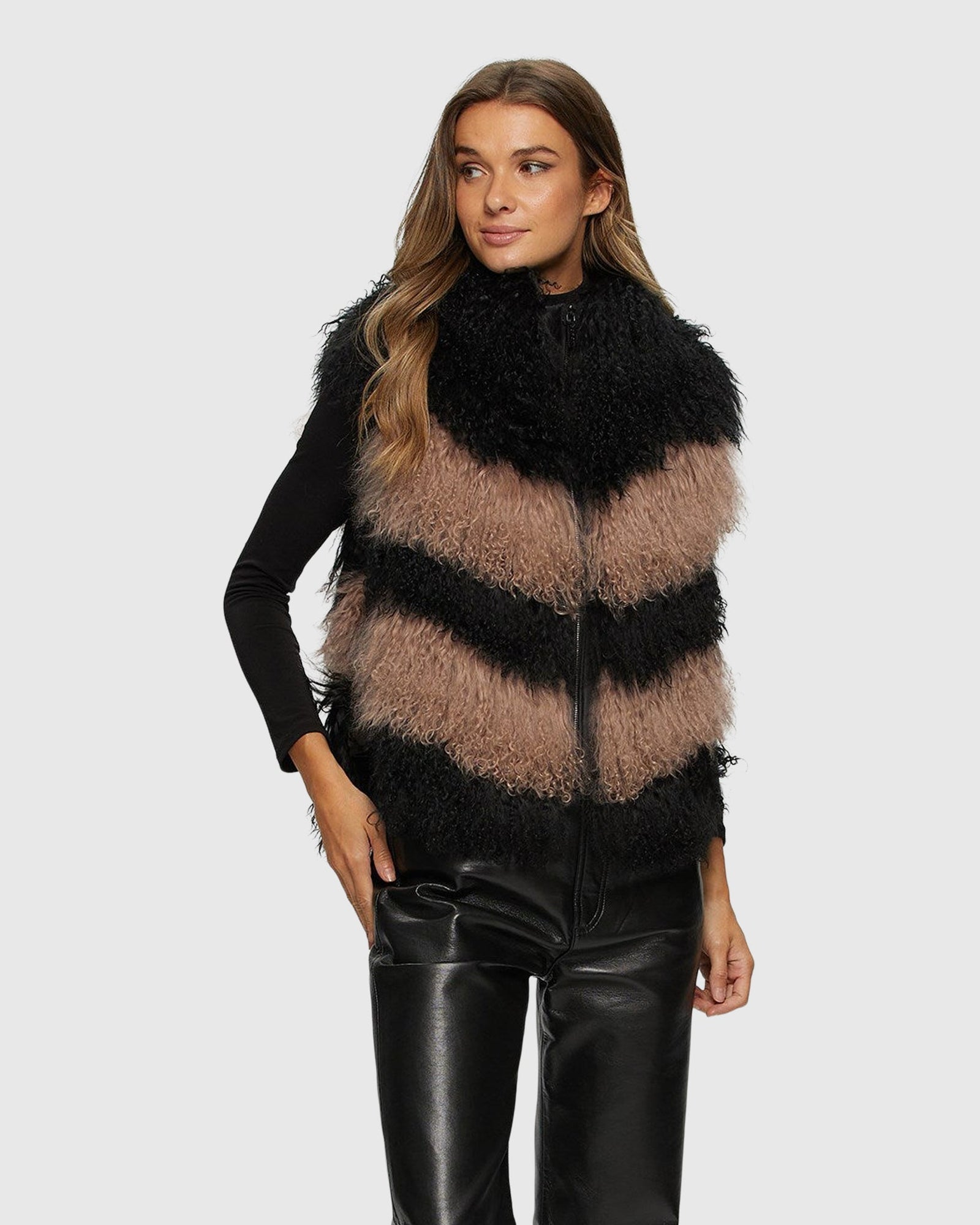 Select Mongolian Lamb Vest With Nylon Trim | Black/Pink