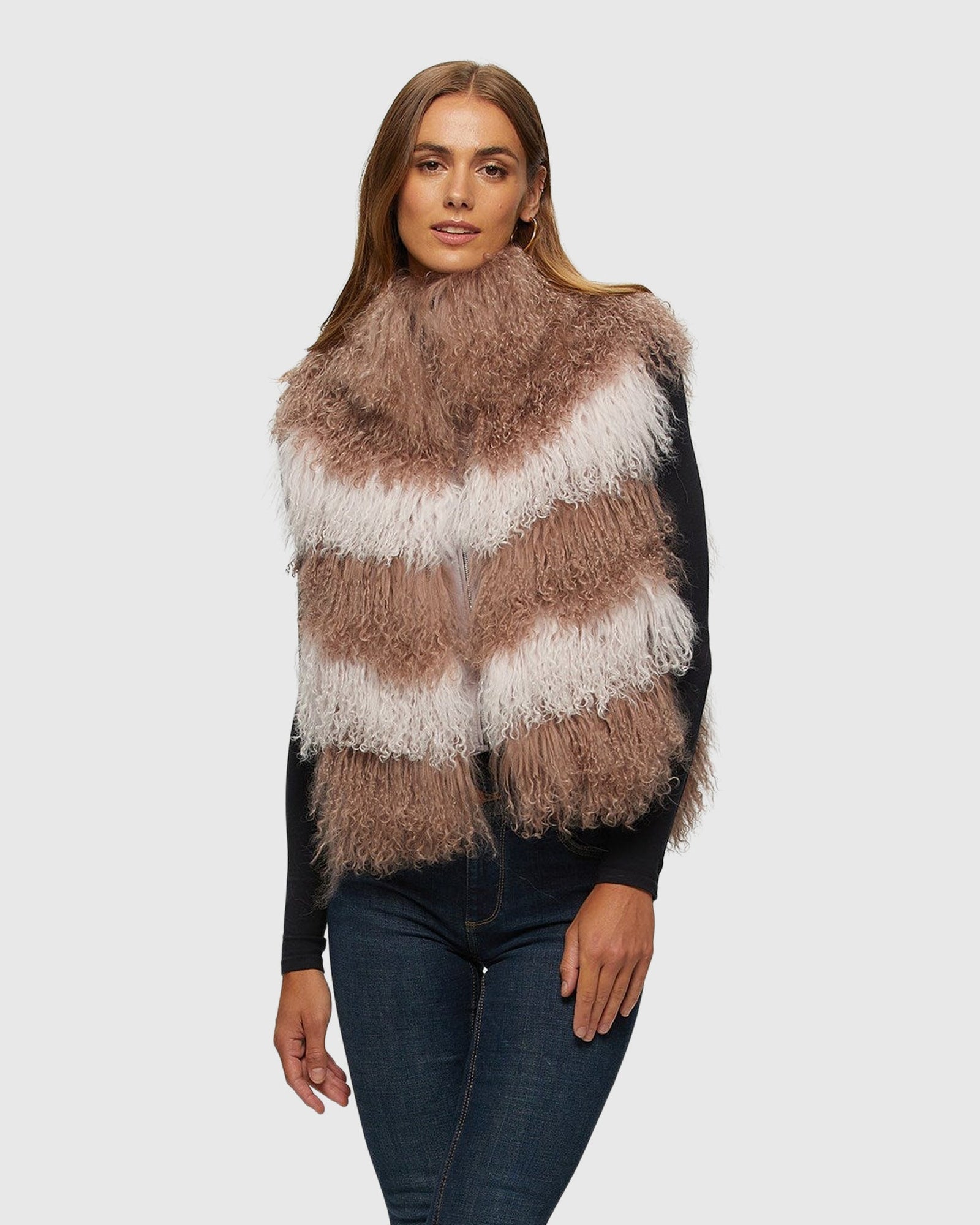 Select Mongolian Lamb Vest With Nylon Trim | Pink/Light Pink