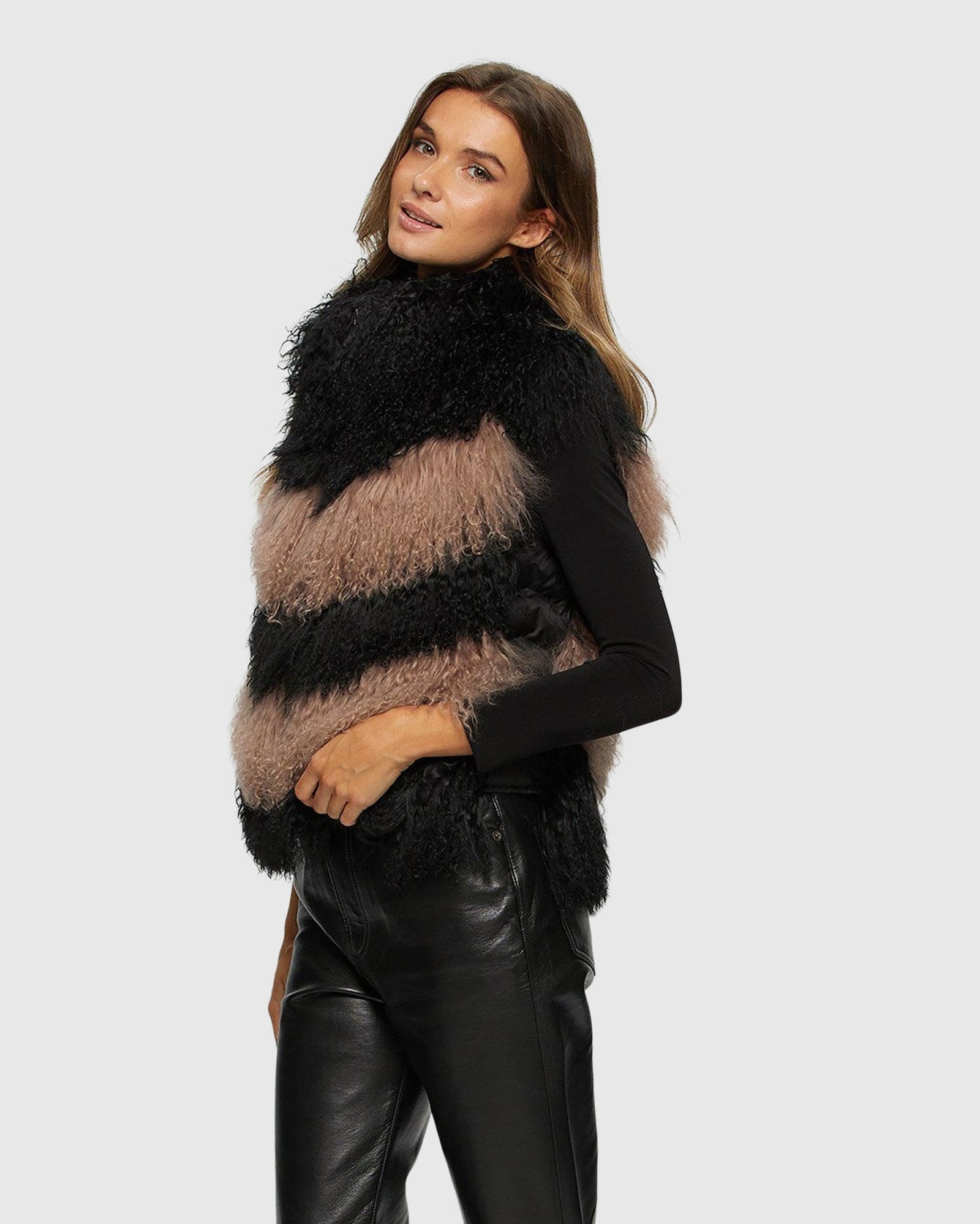 Select Mongolian Lamb Vest With Nylon Trim | Black/Pink