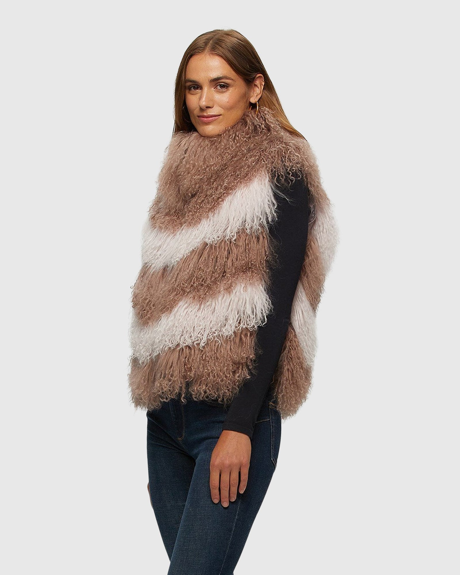 Select Mongolian Lamb Vest With Nylon Trim | Pink/Light Pink