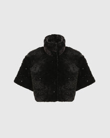 Select Shearling Lamb Bolero With Cropped Sleeves And Stone Details | Black Brisa
