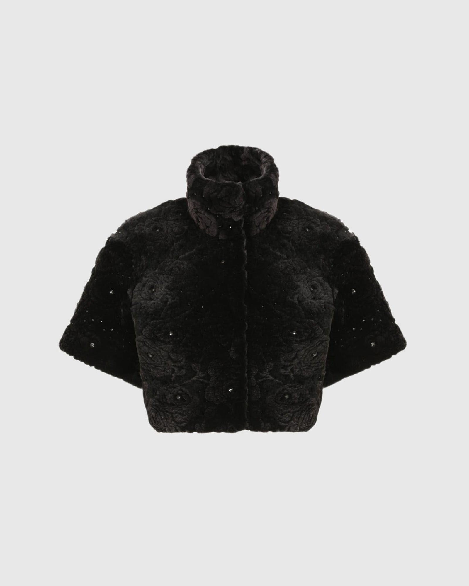 Select Shearling Lamb Bolero With Cropped Sleeves And Stone Details | Black Brisa