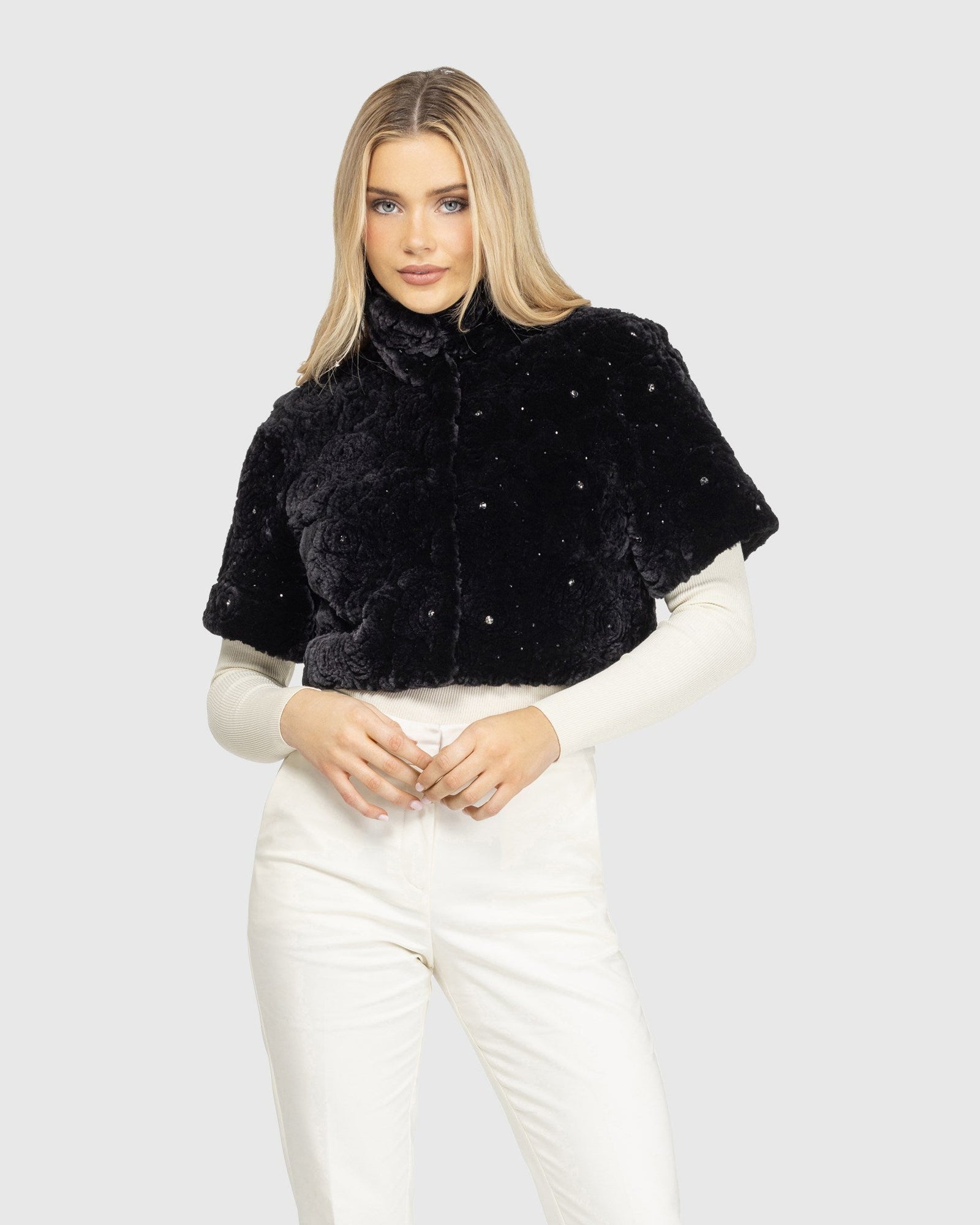 Select Shearling Lamb Bolero With Cropped Sleeves And Stone Details | Black Brisa