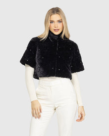 Select Shearling Lamb Bolero With Cropped Sleeves And Stone Details | Black Brisa