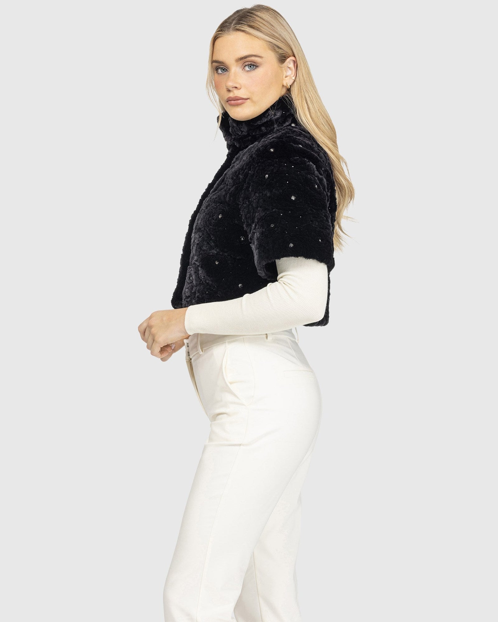 Select Shearling Lamb Bolero With Cropped Sleeves And Stone Details | Black Brisa