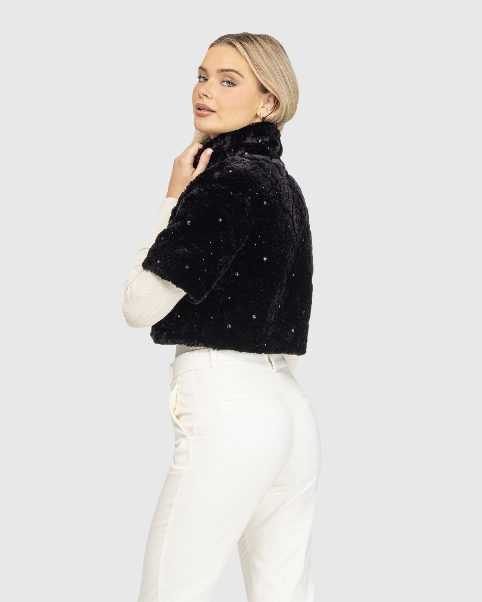 Select Shearling Lamb Bolero With Cropped Sleeves And Stone Details | Black Brisa