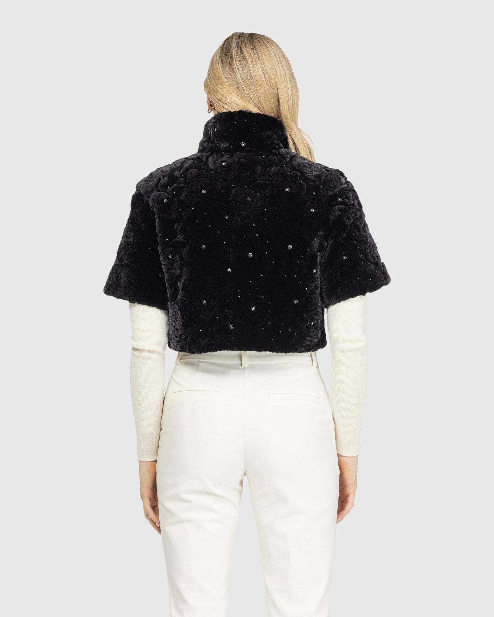 Select Shearling Lamb Bolero With Cropped Sleeves And Stone Details | Black Brisa