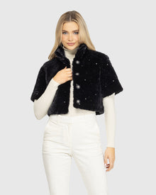 Select Shearling Lamb Bolero With Cropped Sleeves And Stone Details | Black Brisa