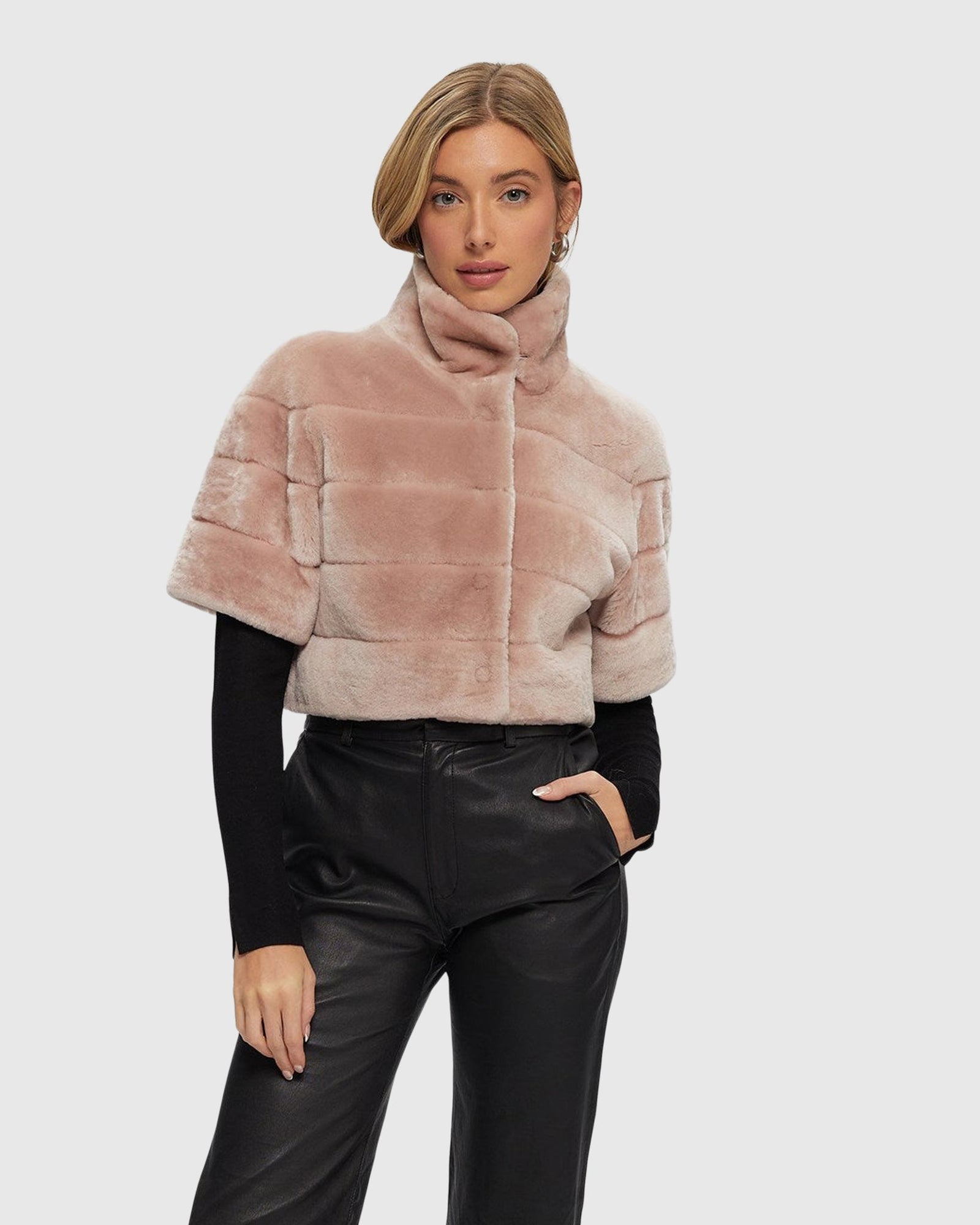 Select Shearling Lamb Bolero with Cropped Sleeves | Blush
