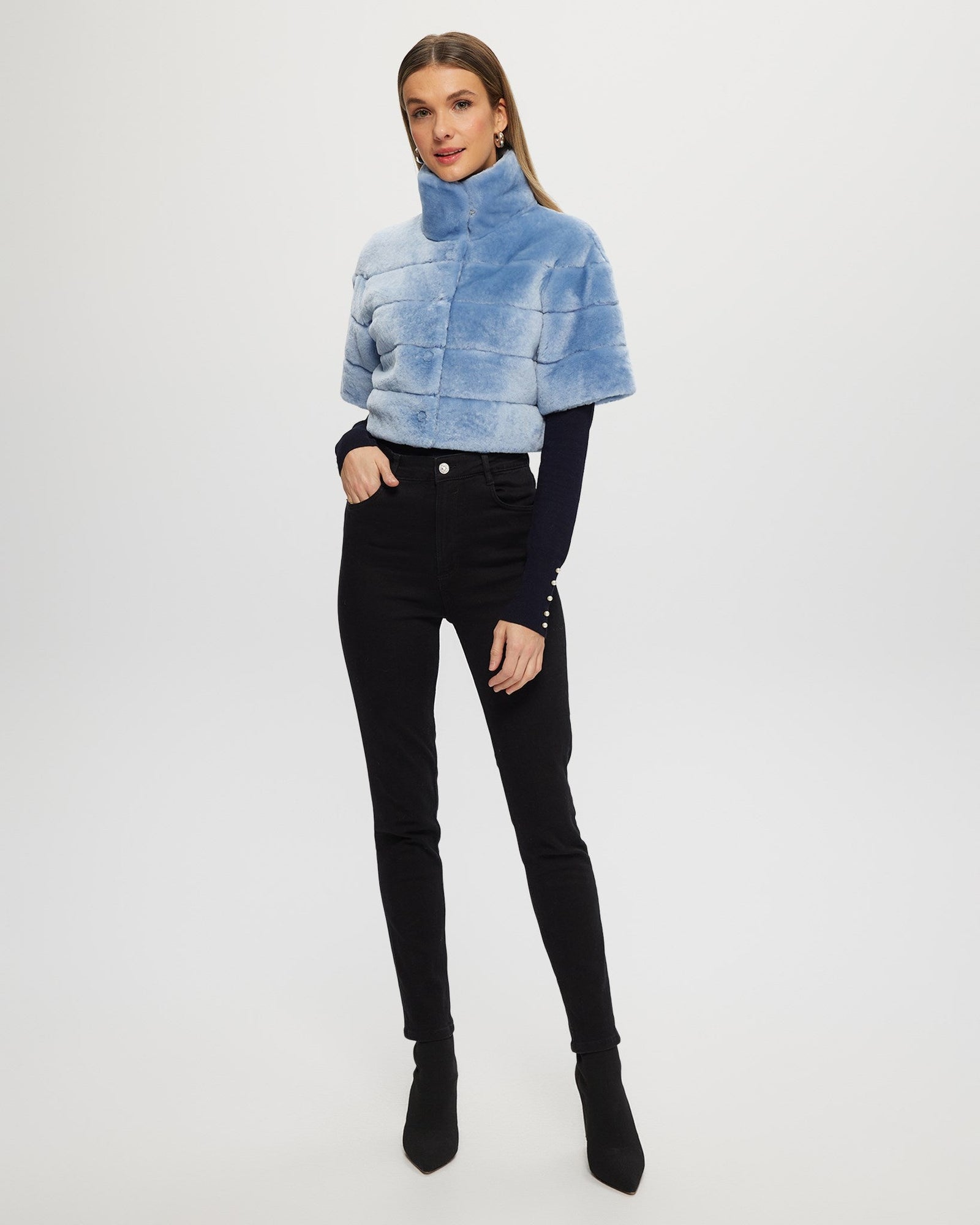 Select Shearling Lamb Bolero with Cropped Sleeves | Sky Blue