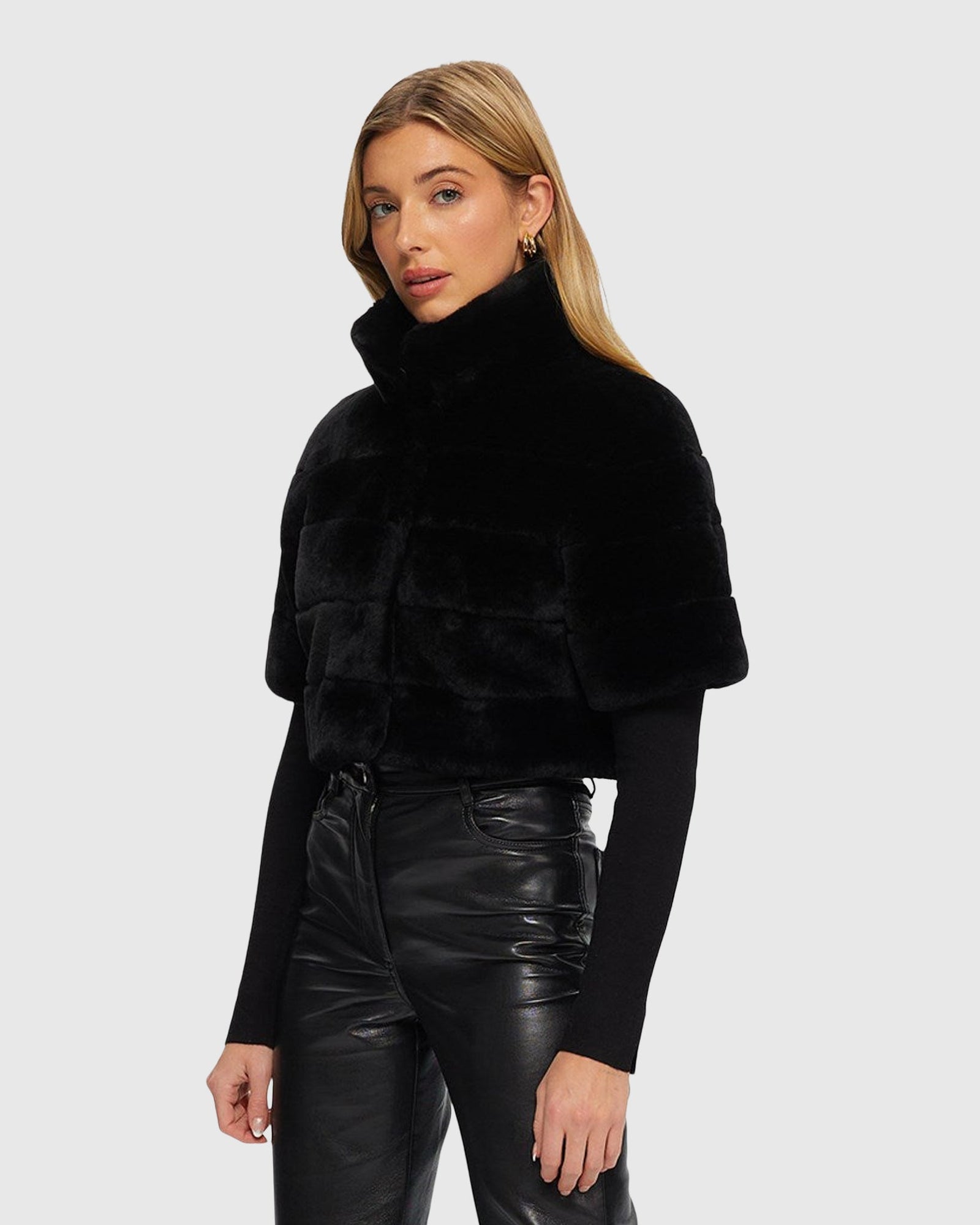 Select Shearling Lamb Bolero with Cropped Sleeves | Black