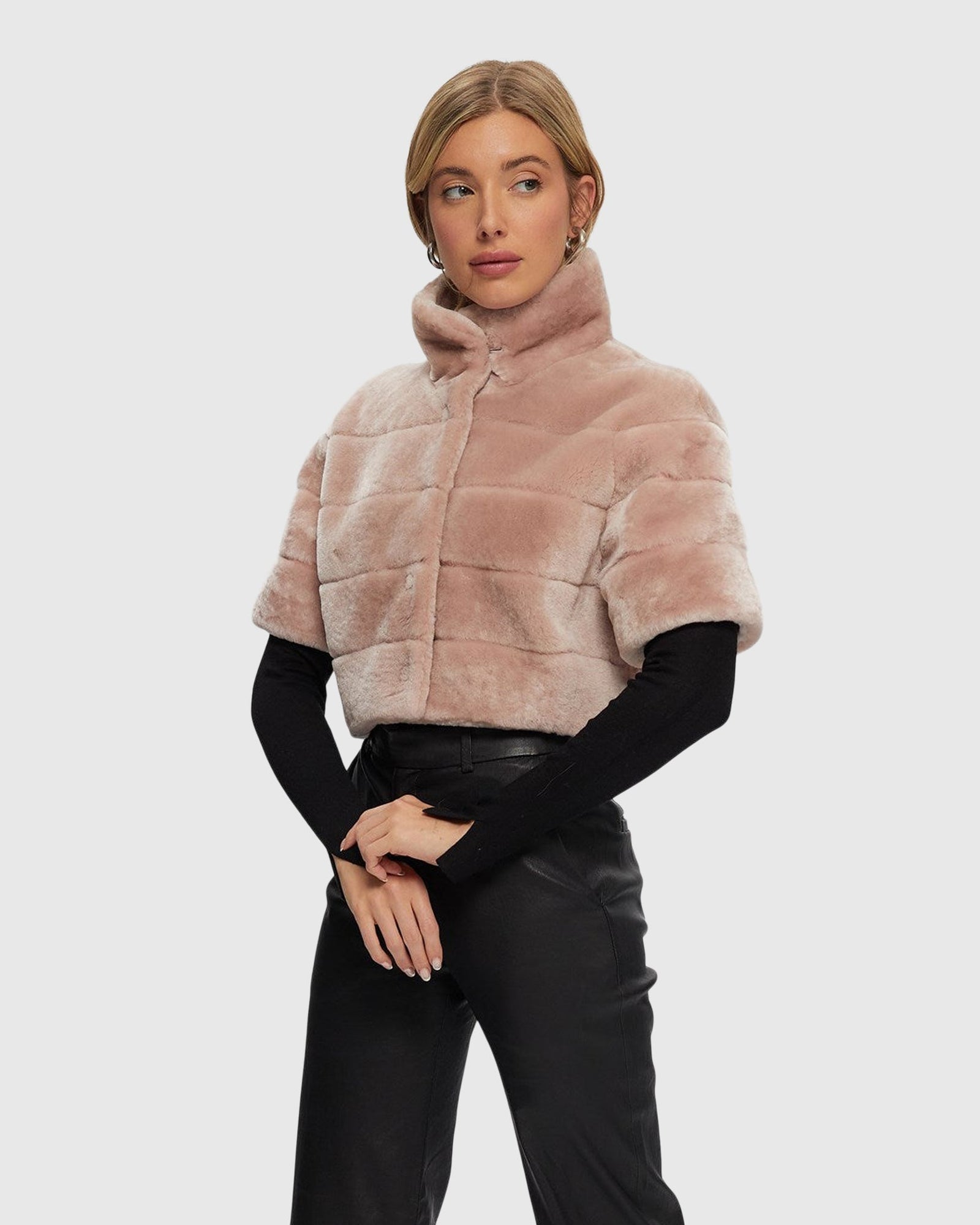 Select Shearling Lamb Bolero with Cropped Sleeves | Blush