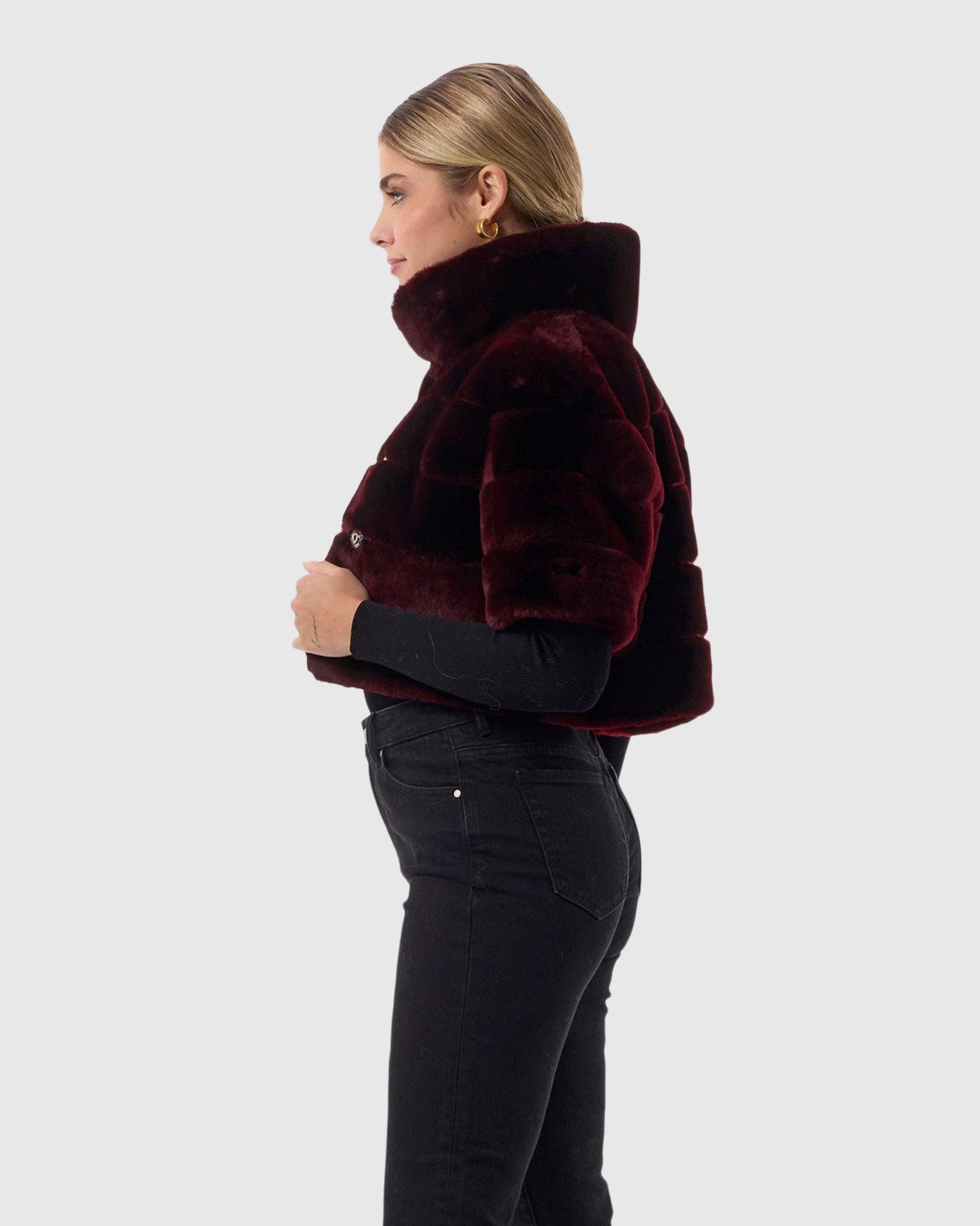 Select Shearling Lamb Bolero with Cropped Sleeves | Burgundy