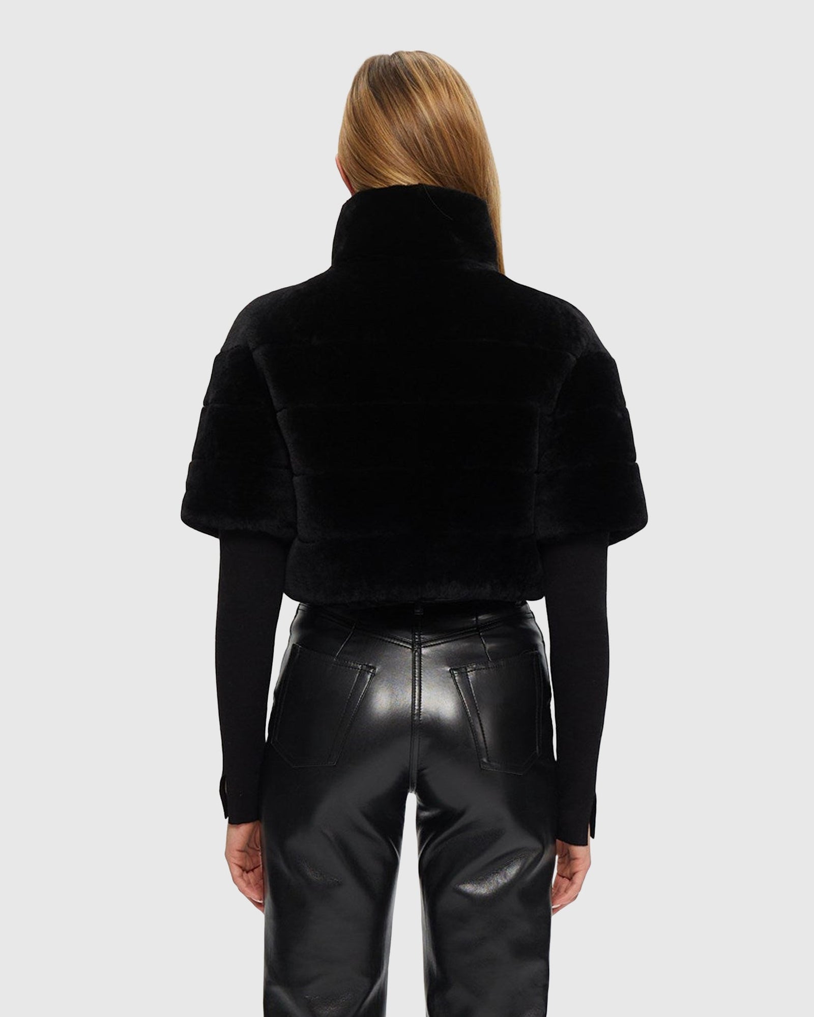 Select Shearling Lamb Bolero with Cropped Sleeves | Black