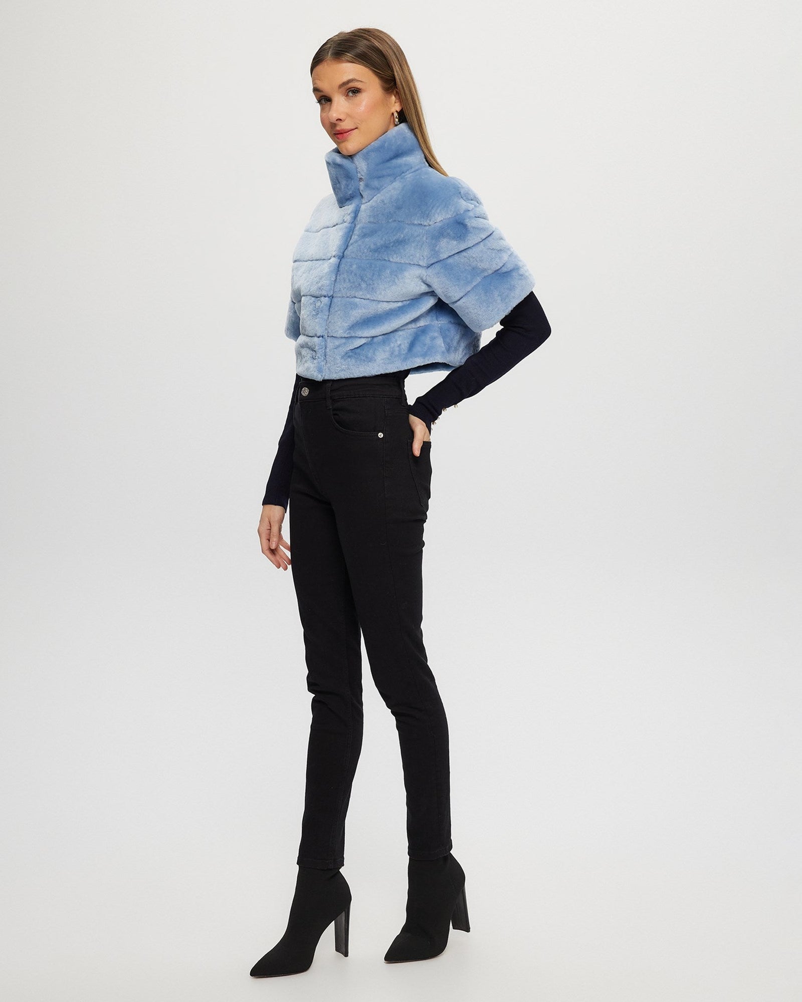 Select Shearling Lamb Bolero with Cropped Sleeves | Sky Blue