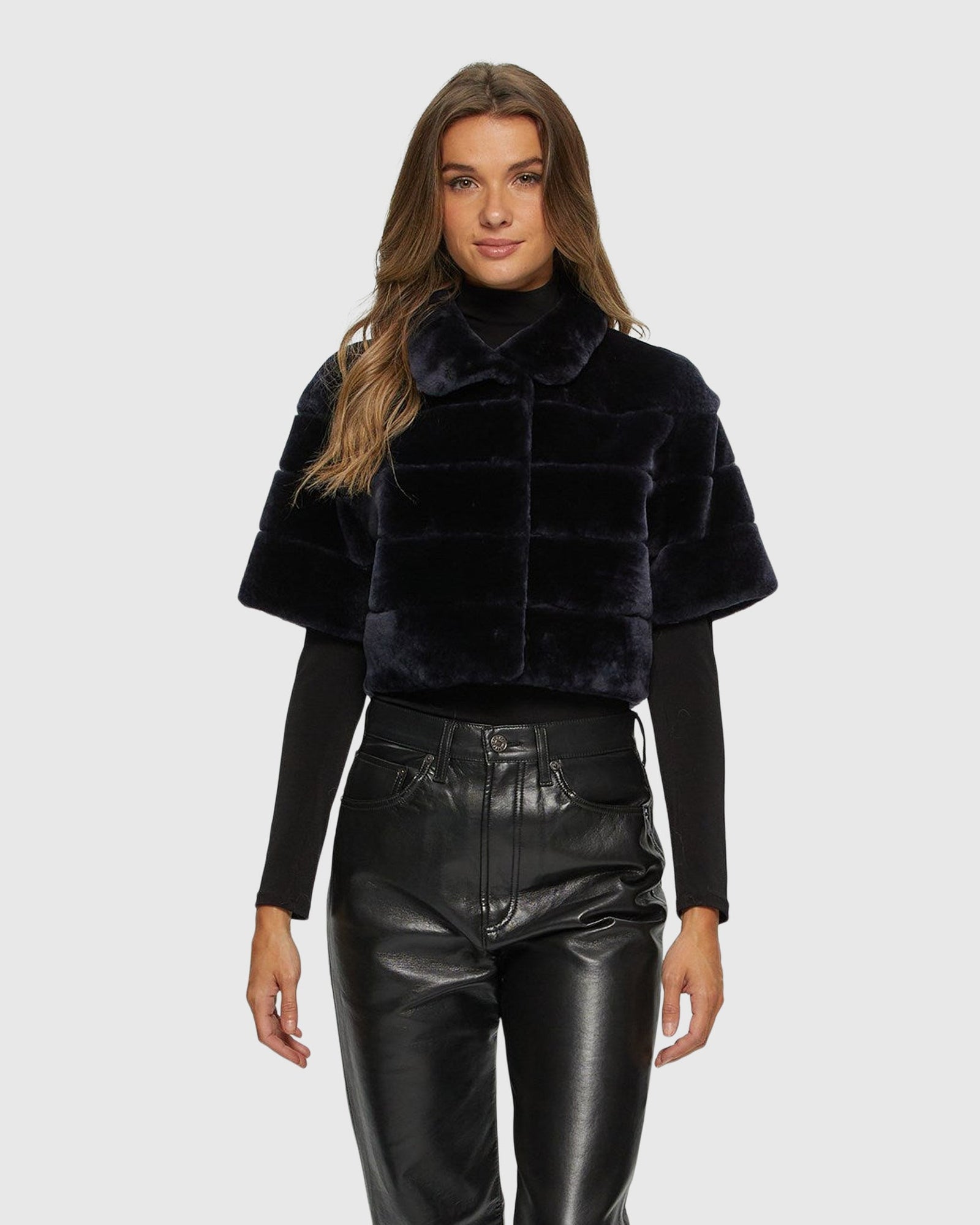 Select Shearling Lamb Bolero With Cropped Sleeves | Navy