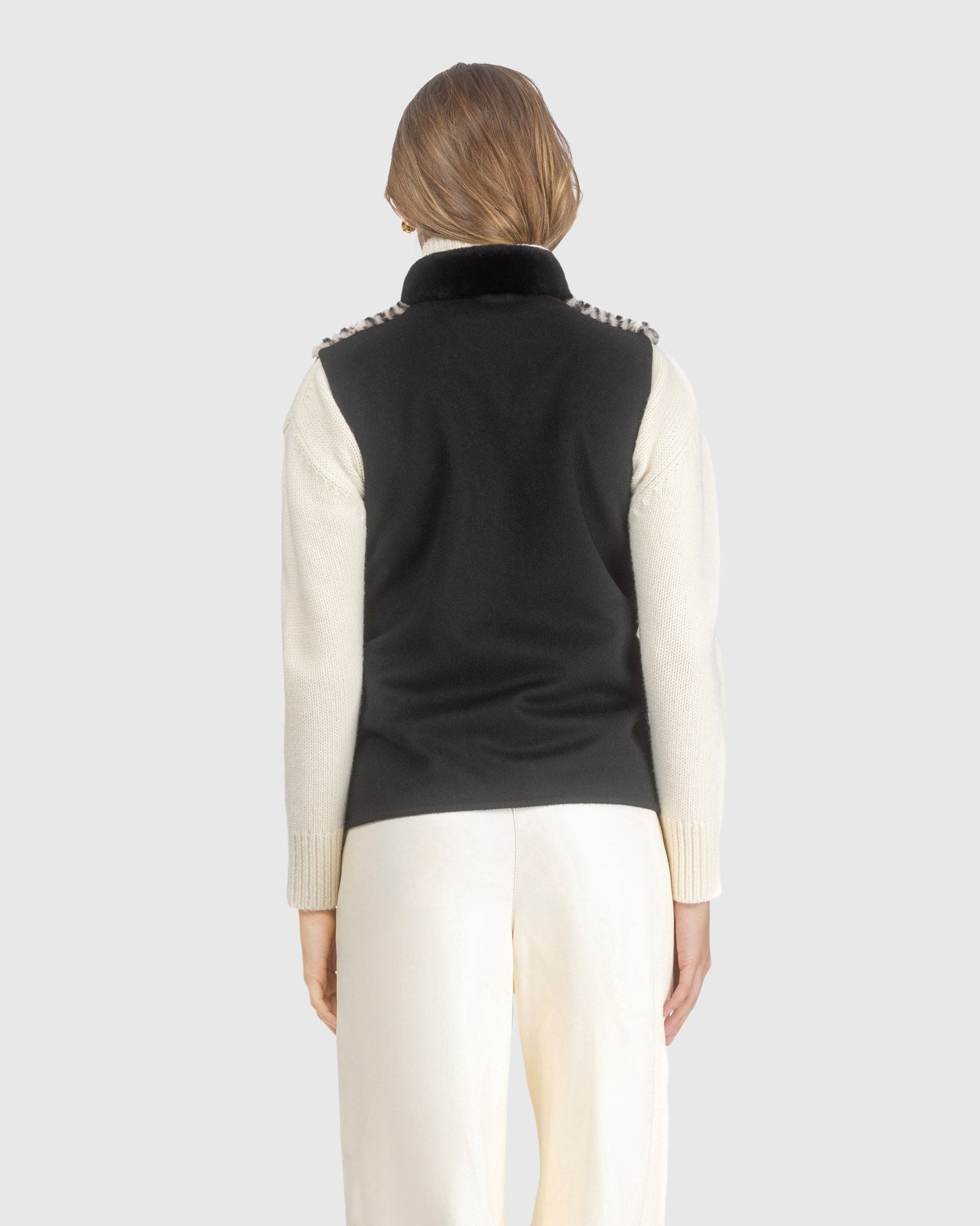 Select Shearling Lamb Chevron Grooved Zip Vest With Loro Piana Wool Back | Cream/Black