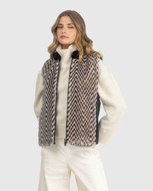 Select Shearling Lamb Chevron Grooved Zip Vest With Loro Piana Wool Back | Cream/Black