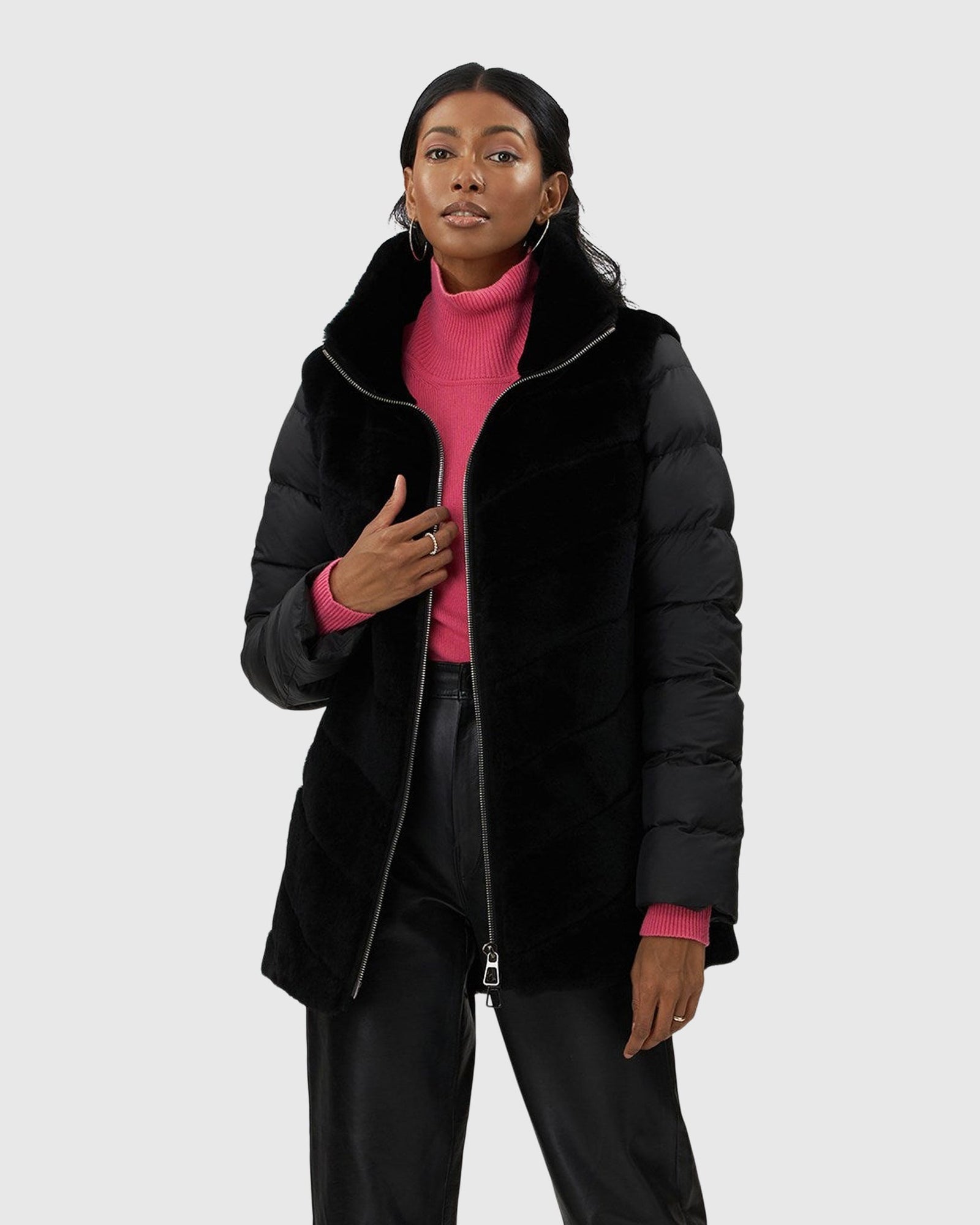 Select Shearling Lamb Chevron Jacket With Detachable Horizontal Quilted Sleeves | Black