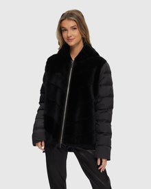 Select Shearling Lamb Chevron Parka With Quilted Sleeves And Back | Black/Black