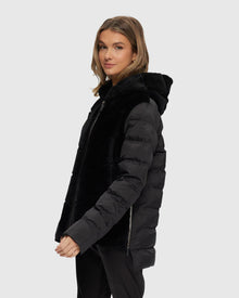 Select Shearling Lamb Chevron Parka With Quilted Sleeves And Back | Black/Black