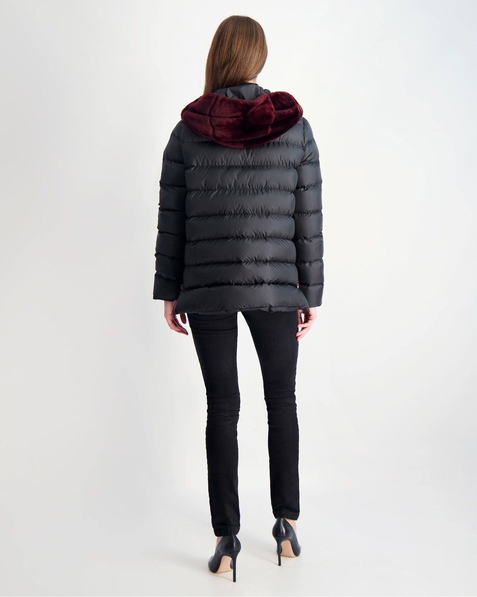 Select Shearling Lamb Chevron Parka With Quilted Sleeves And Back | Women | Burgundy x Black