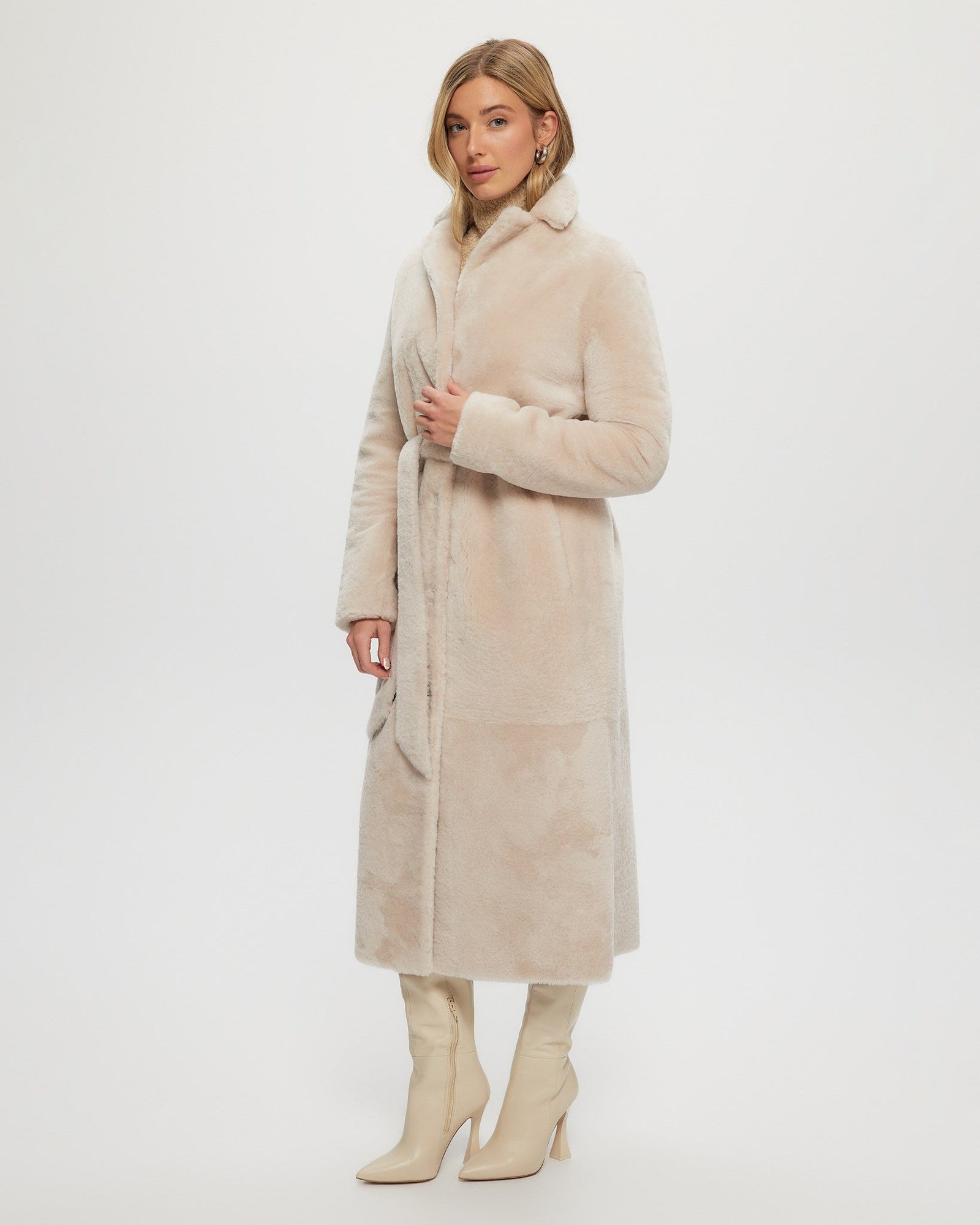 Select Shearling Lamb Coat, Belt | Women | Beige