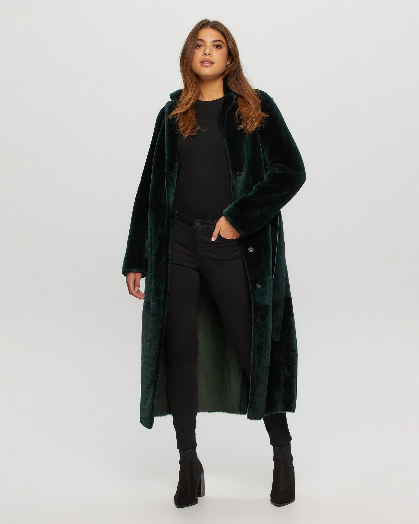 Select Shearling Lamb Coat, Belt | Women | Emerald