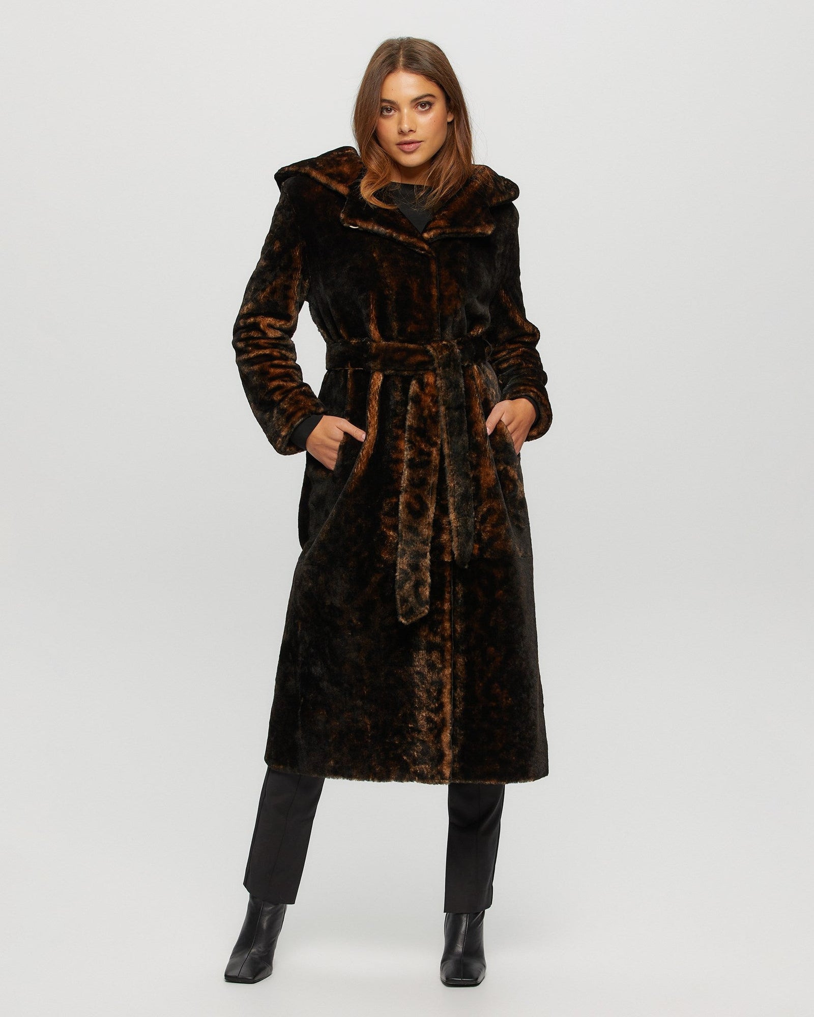 Select Shearling Lamb Coat With Hood | Women | Dark Brown Leopard Print