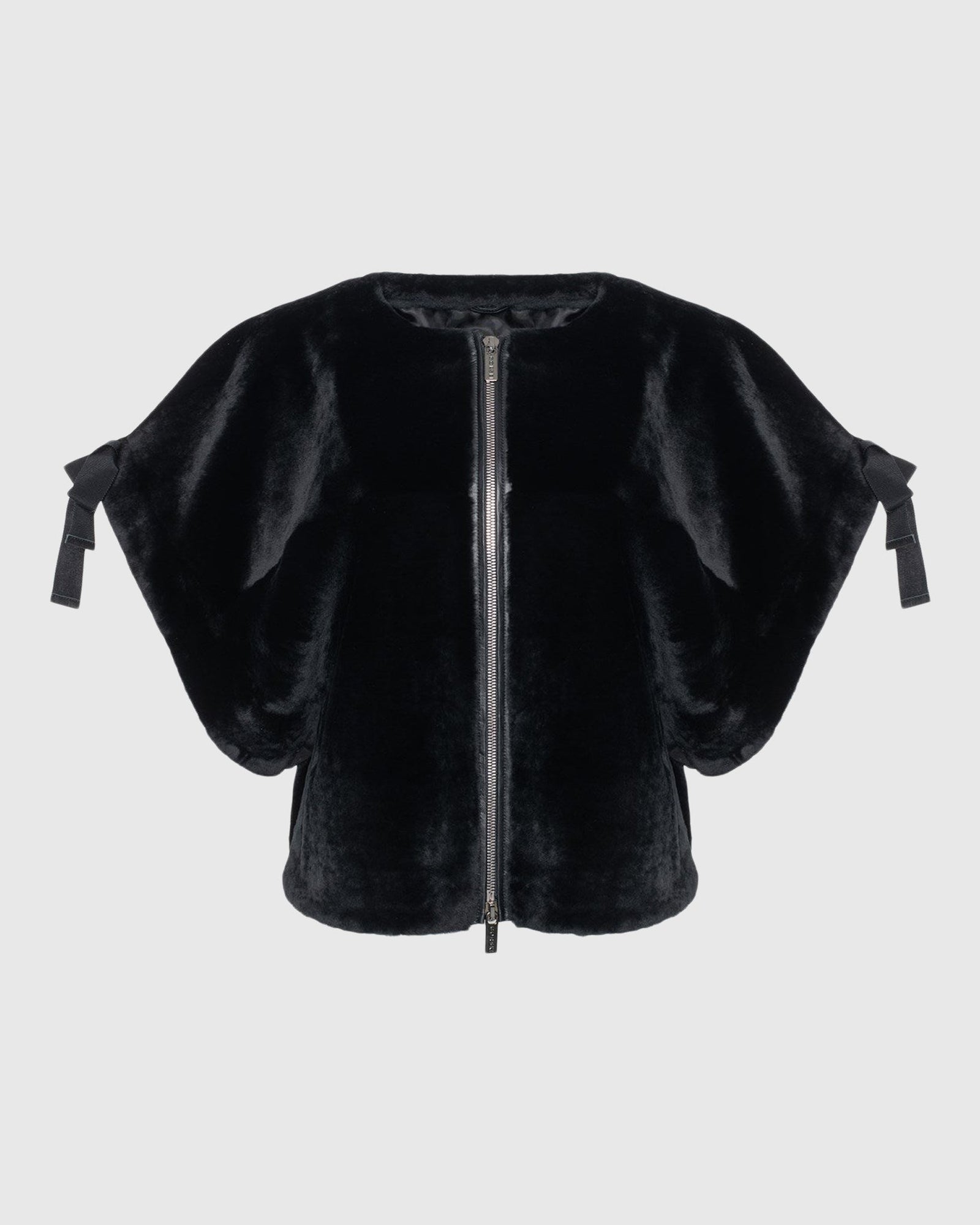 Select Shearling Lamb Collarless Short Sleeve Jacket | Black (V1)