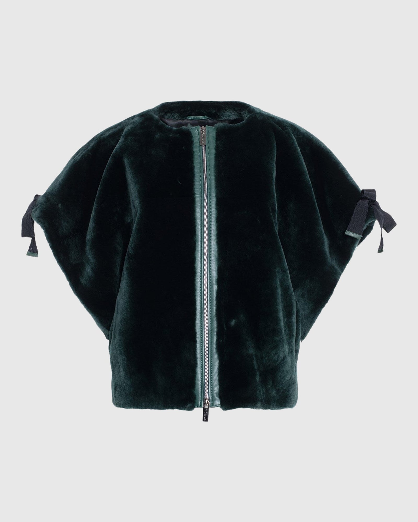 Select Shearling Lamb Collarless Short Sleeve Jacket | Emerald