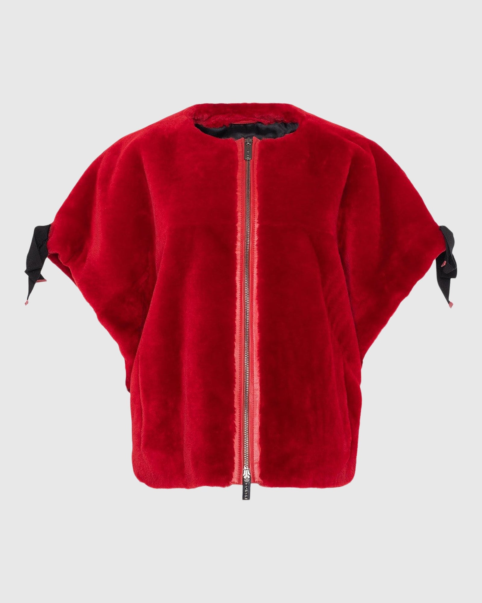 Select Shearling Lamb Collarless Short Sleeve Jacket | Red