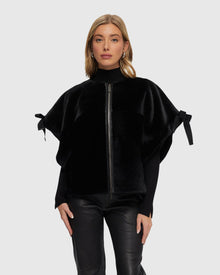 Select Shearling Lamb Collarless Short Sleeve Jacket | Black (V1)