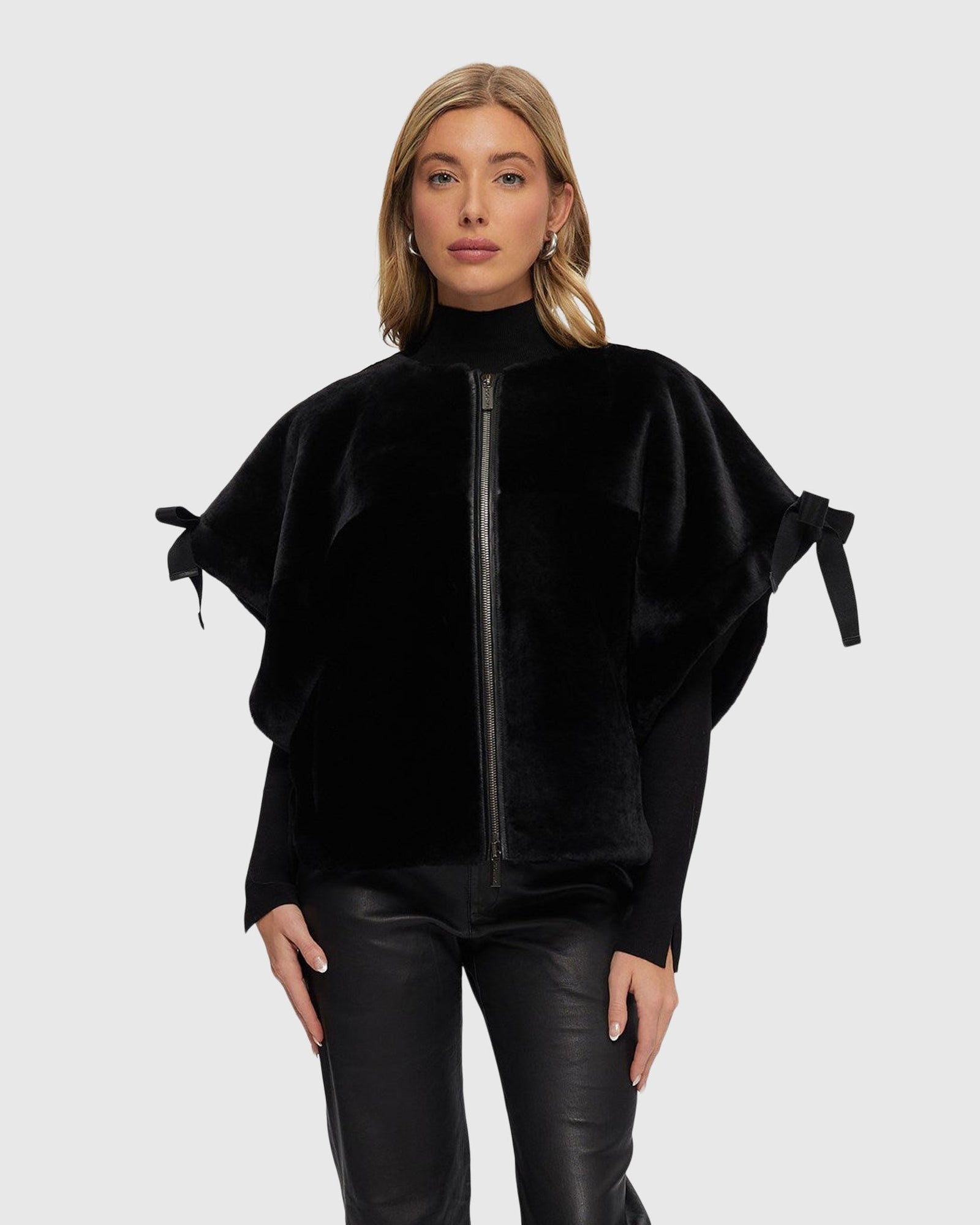 Select Shearling Lamb Collarless Short Sleeve Jacket | Black (V1)